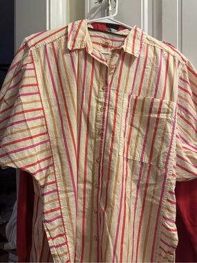 Pilcro Cream Button-Down Shirt with Pink & Orange Stripes